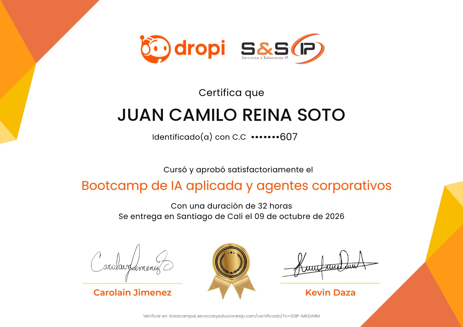 Certificado de Juan Camilo Reina Soto: cursó y aprobó el Bootcamp de IA aplicada y agentes corporativos
