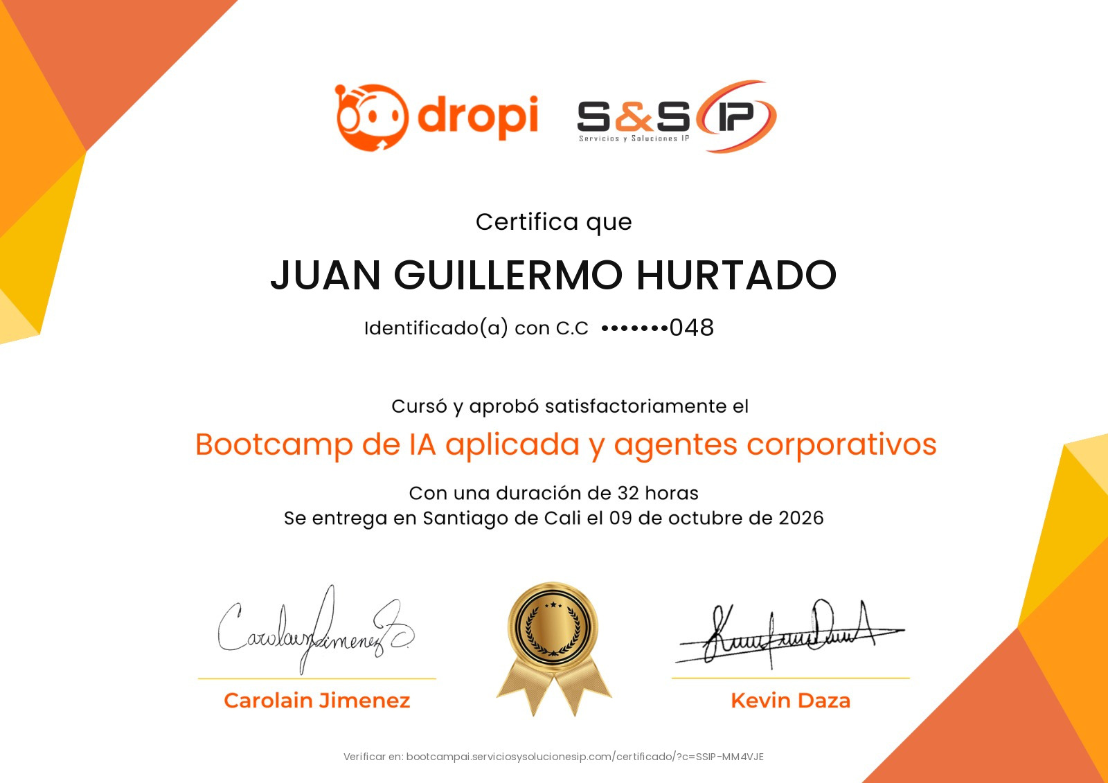 Certificado de Juan Guillermo Hurtado: cursó y aprobó el Bootcamp de IA aplicada y agentes corporativos