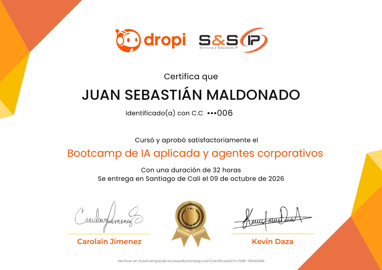 Certificado de Juan Sebastián Maldonado: cursó y aprobó el Bootcamp de IA aplicada y agentes corporativos