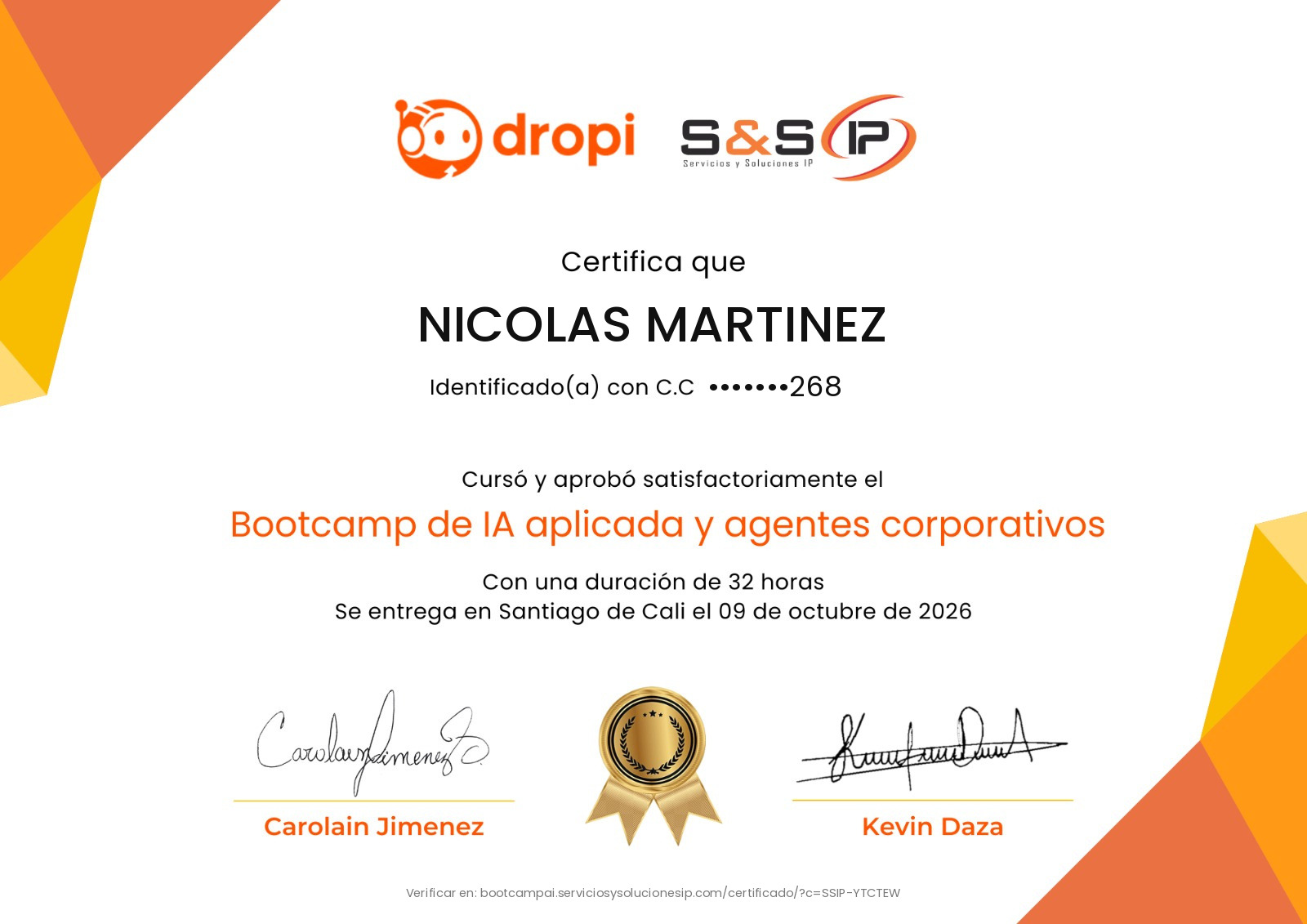 Certificado de Nicolas Martinez: cursó y aprobó el Bootcamp de IA aplicada y agentes corporativos